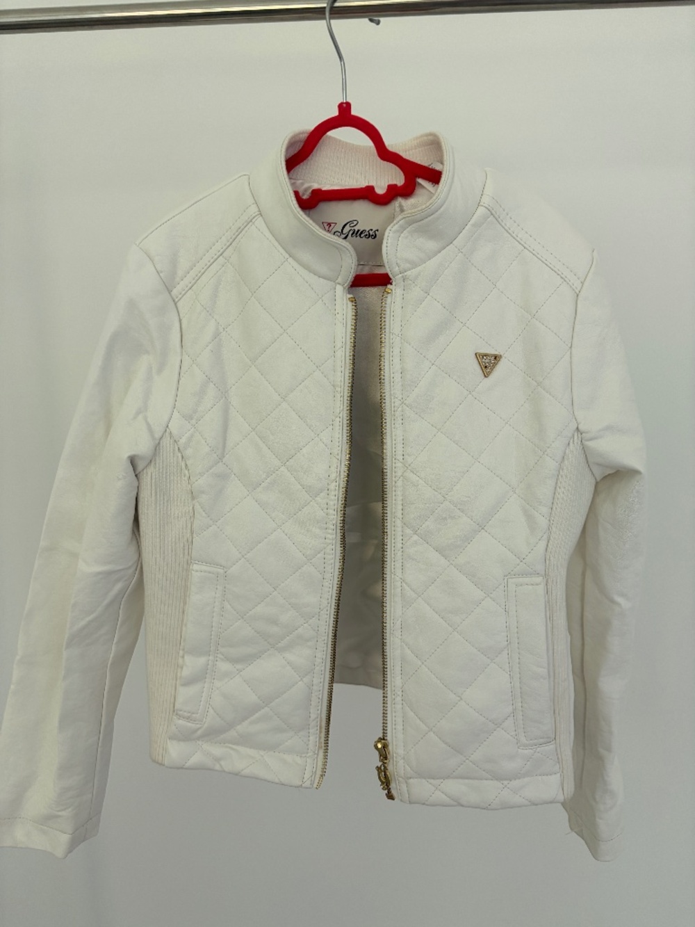 GUESS Girls White Quilted Moto Jacket Gold Hardware Size 8-10